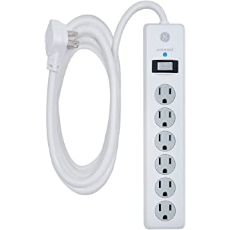 GE 6-Outlet Surge Protector, 10 Ft Extension Cord, Power Strip, 800 Joules, Flat Plug, Twist-to-Close Safety Covers, UL…